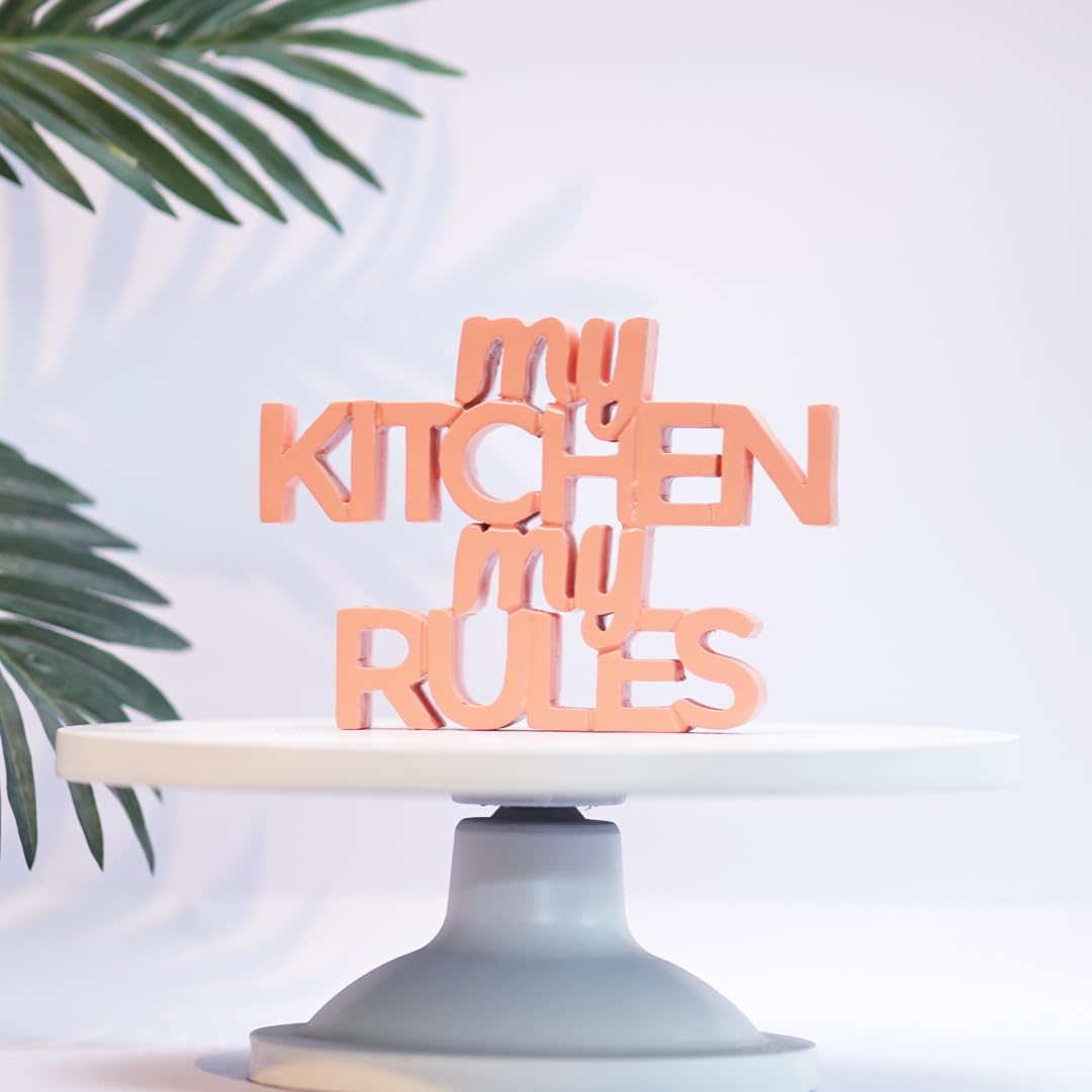 NUKKAD TALES My Kitchen My Rules Peach Quirky Showpiece Home Decor Items For Kitchen Birthday Gift Items For Chef For Foodies Gift For Mom (7 X 5 Inch) Engineered Wood, Fantasy