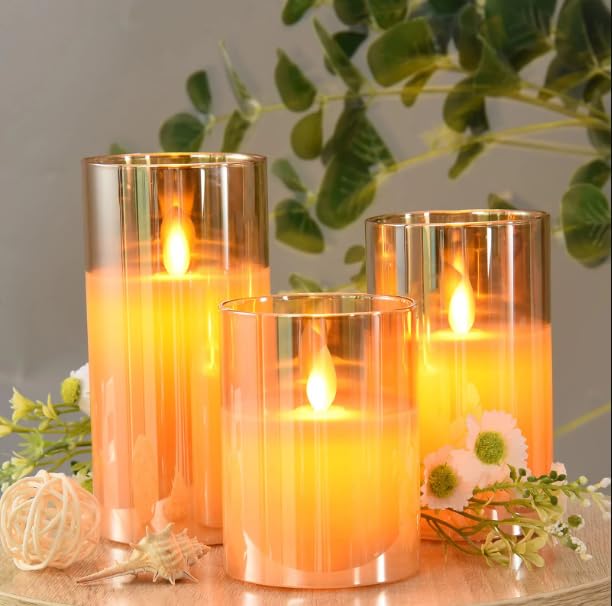 Lumora Real Wax LED Glass Flameless Candles with Remote, Amber Gold Pillar Design, Set of 3 for Home Decor