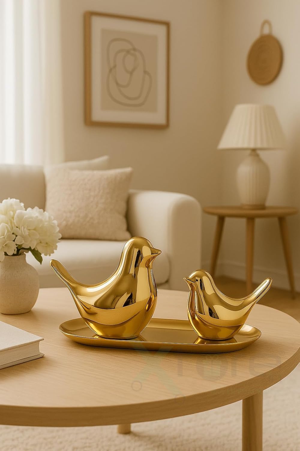 Xyvera Ceramic Golden Blessing Birds Figurines for Home Decor | Living Room, Bedroom, Office Desk - Pack of 2
