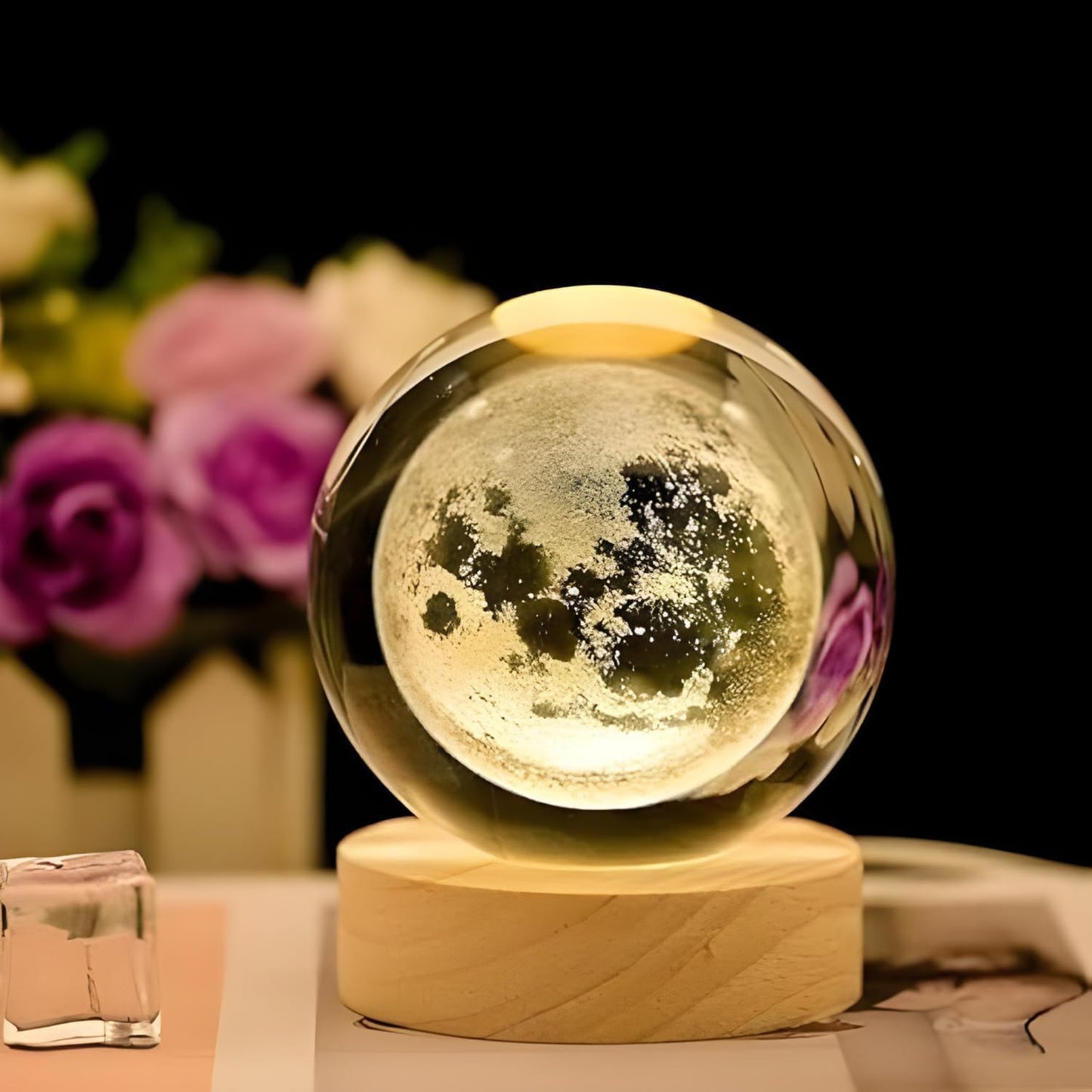 Delsiora Crystal Ball Universe & Moon LED Night Light Combo with Wooden Base for Home Décor & Gifts