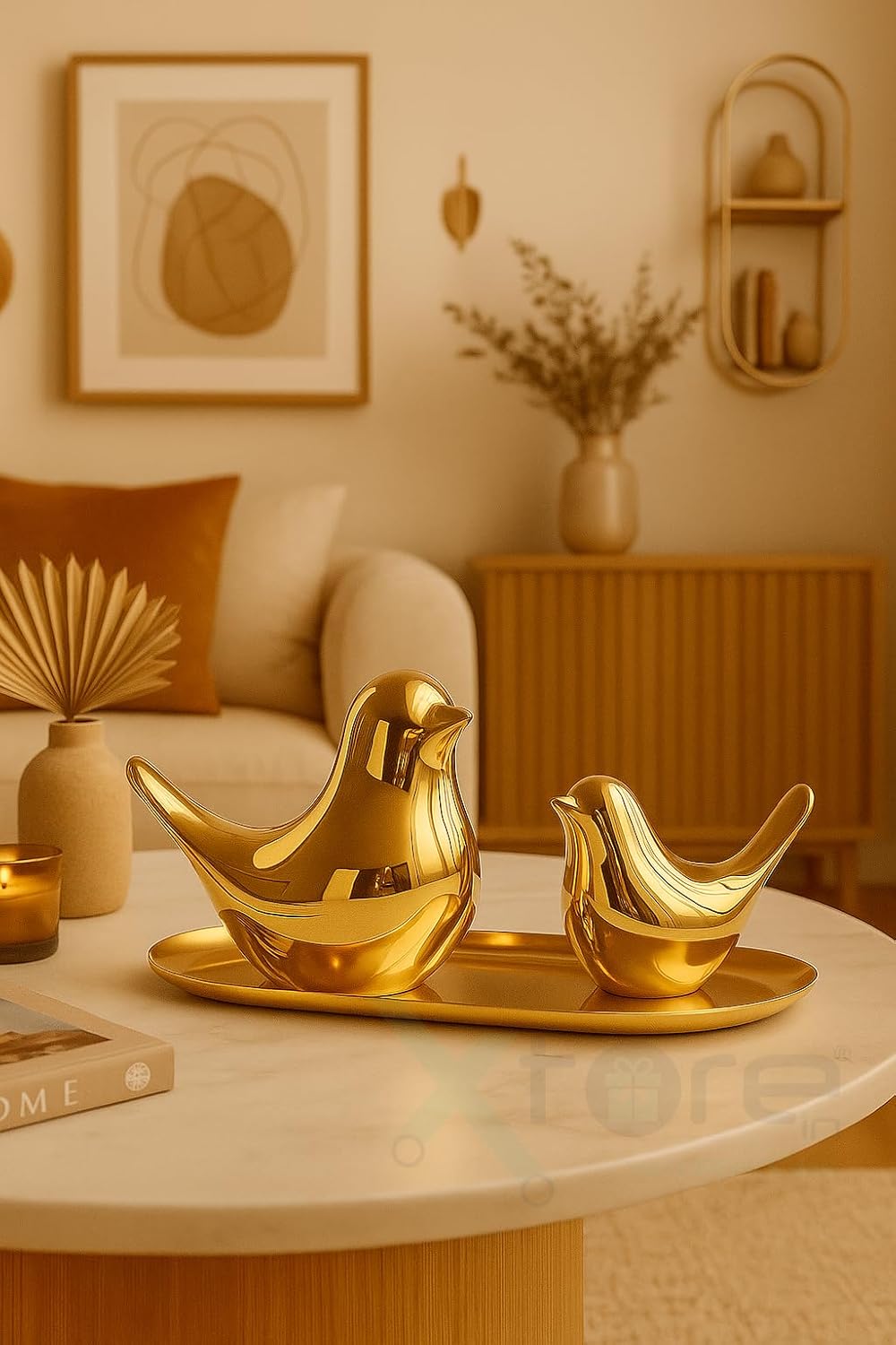 Xyvera Ceramic Golden Blessing Birds Figurines for Home Decor | Living Room, Bedroom, Office Desk - Pack of 2