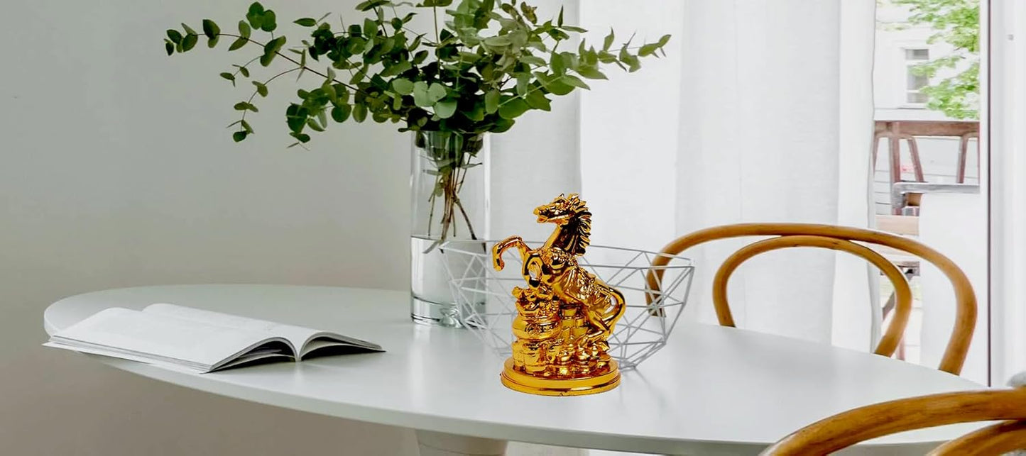 The Shining Aura Feng Shui Golden Horse with Raised Legs and Wealth Pot Statue for Home Decor, 4 Inch