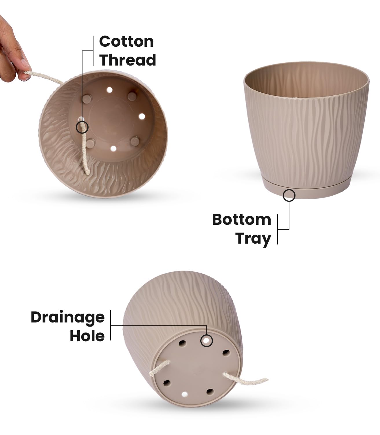 NatureGlow Set of 3 Self Watering Plastic Pots for Indoor Plants, Home & Garden Décor Planters (Mocha, 14x12.5cm