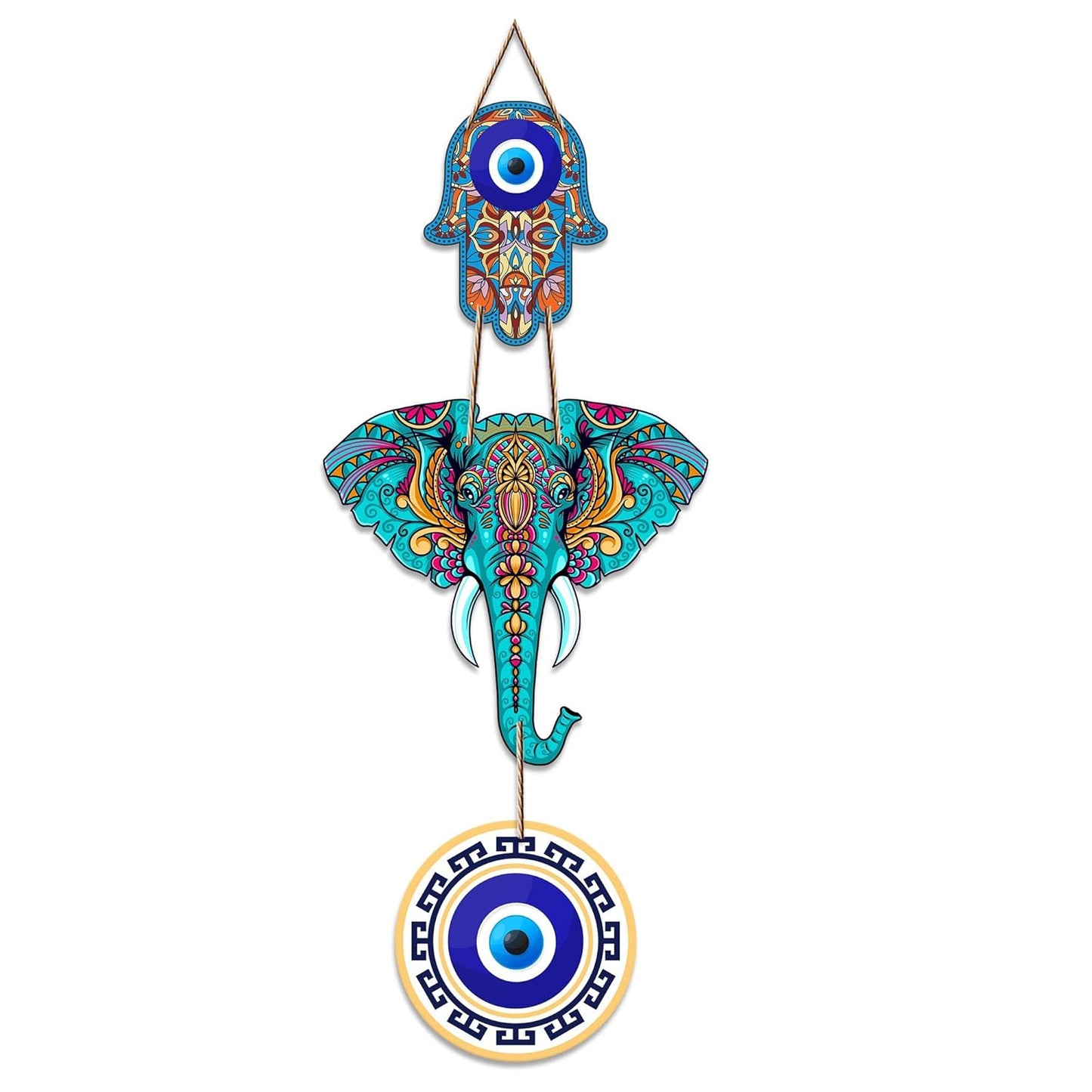 Arthome Designer Elephant Wooden Wall Hanging & Hamsa Hand Decor for Living Room, Peace Charm Accent