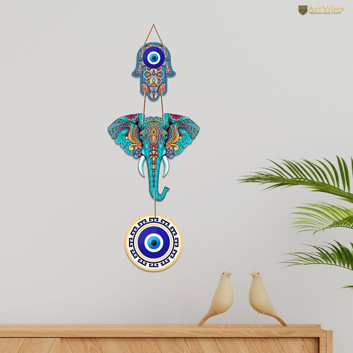 Arthome Designer Elephant Wooden Wall Hanging & Hamsa Hand Decor for Living Room, Peace Charm Accent