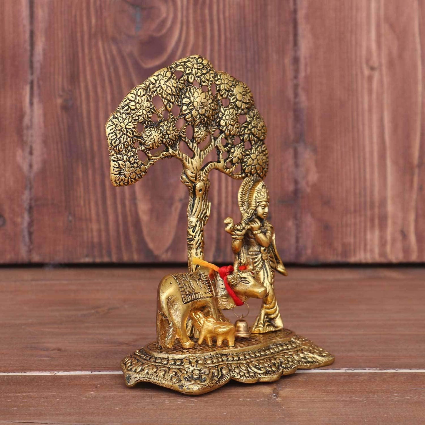 Kriyanta Prince Home Decor Metal Krishna with Cow Under Tree Playing Flute Figurine (Gold, 12.5x8x16cm)