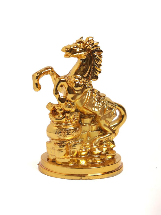 The Shining Aura Feng Shui Golden Horse with Raised Legs and Wealth Pot Statue for Home Decor, 4 Inch