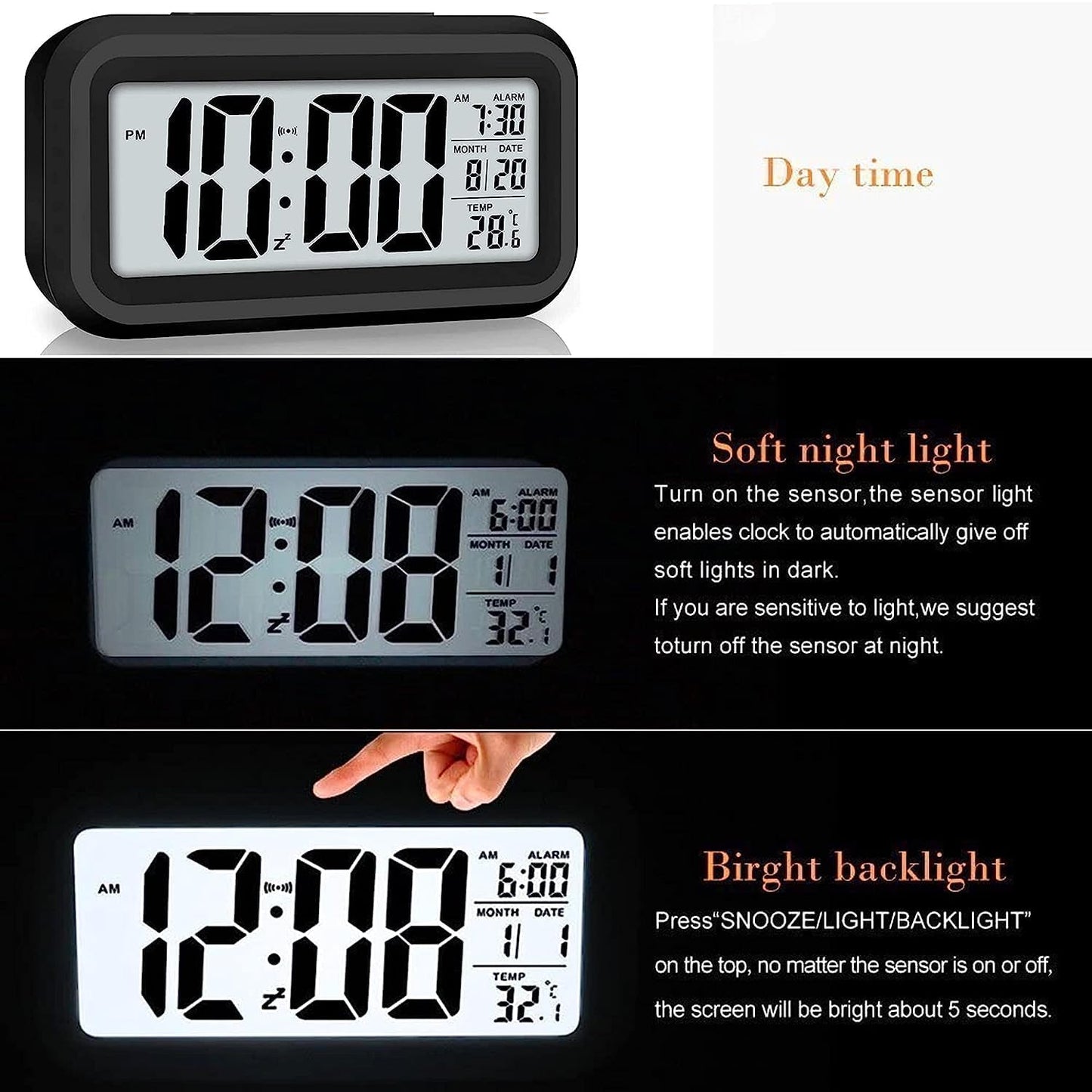 AUREVO Digital Alarm Clock with Auto Sensor, Date & Temperature Display, Compact Desk Clock for Home & Office