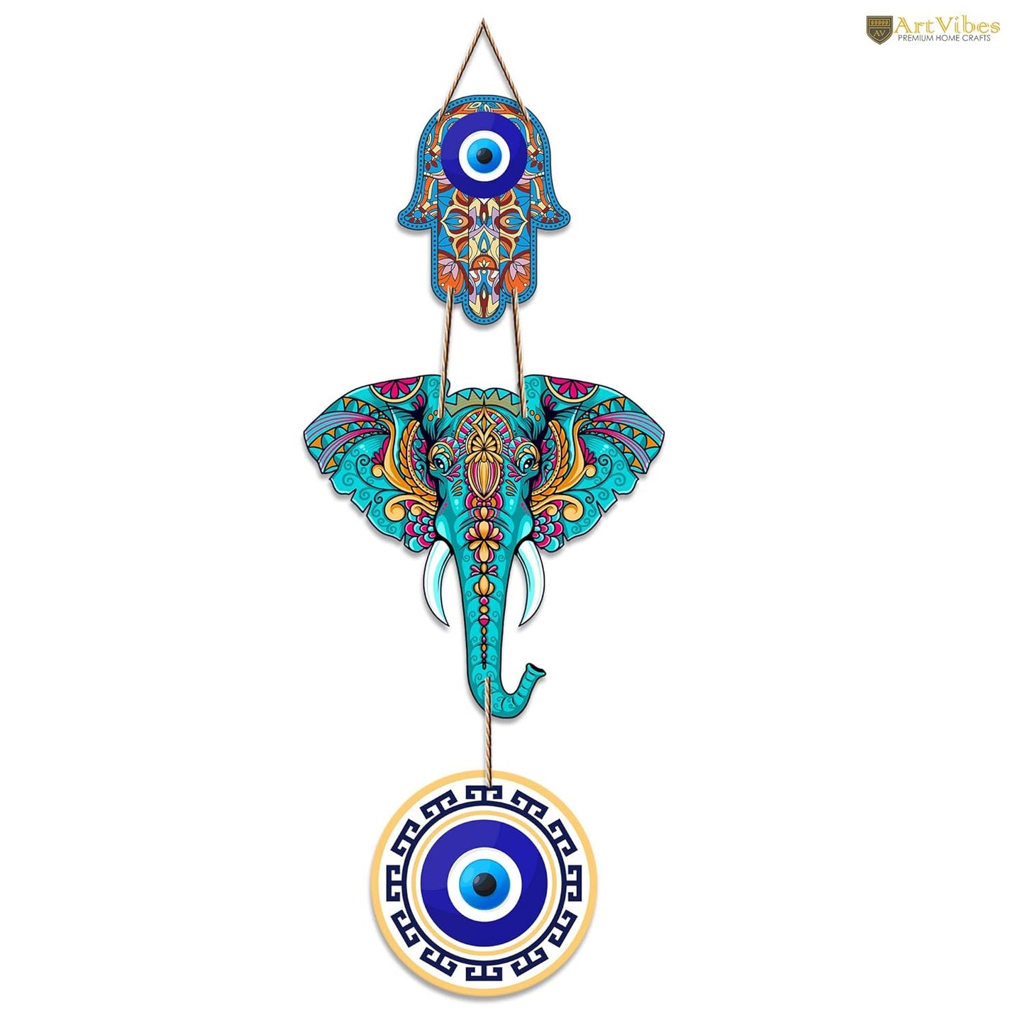 Arthome Designer Elephant Wooden Wall Hanging & Hamsa Hand Decor for Living Room, Peace Charm Accent