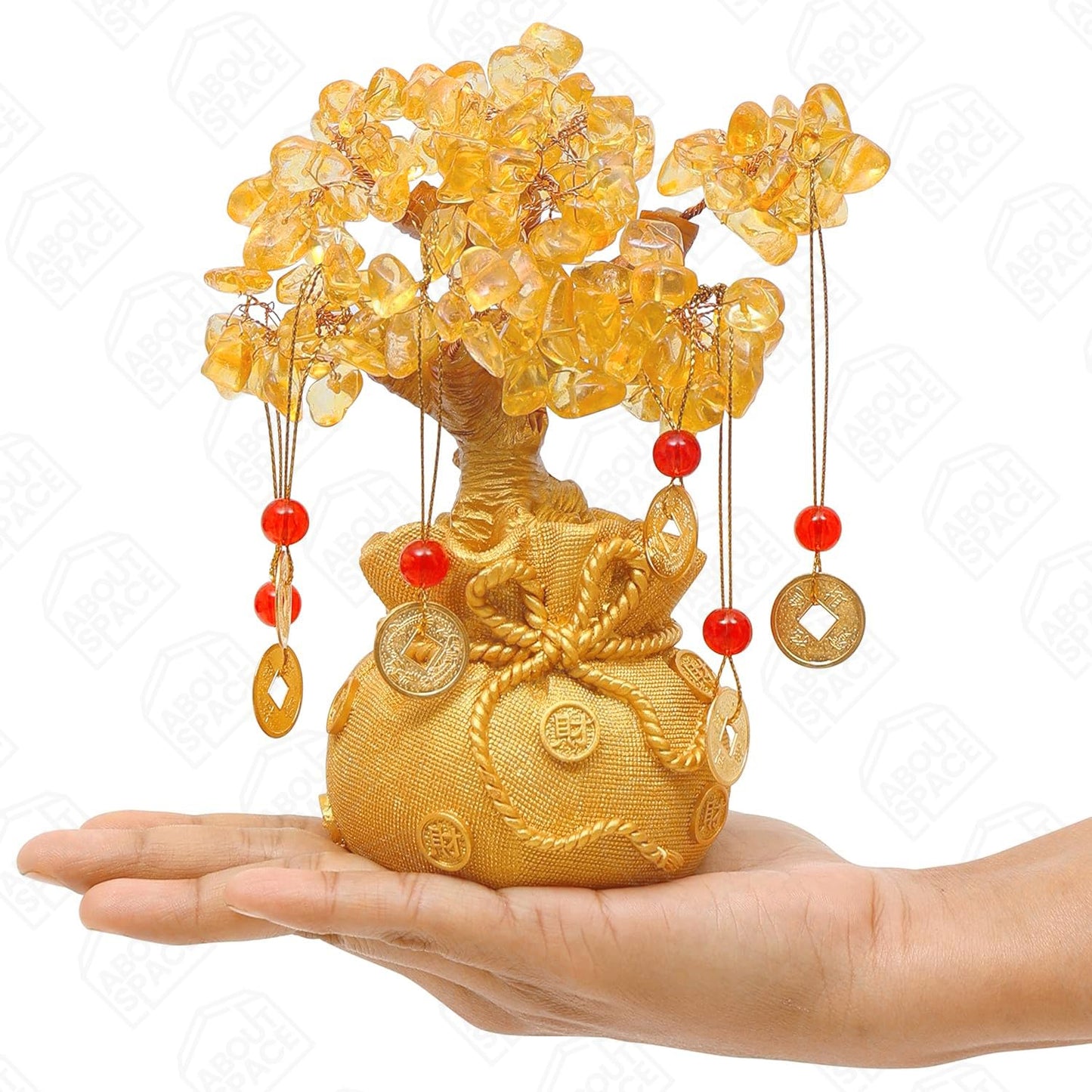AURA SPARK Lucky Feng Shui Citrine Tree of Life Bonsai with 6 Hanging Coins – Crystal Table Décor for Wealth, Health & Happiness (7 x 3)