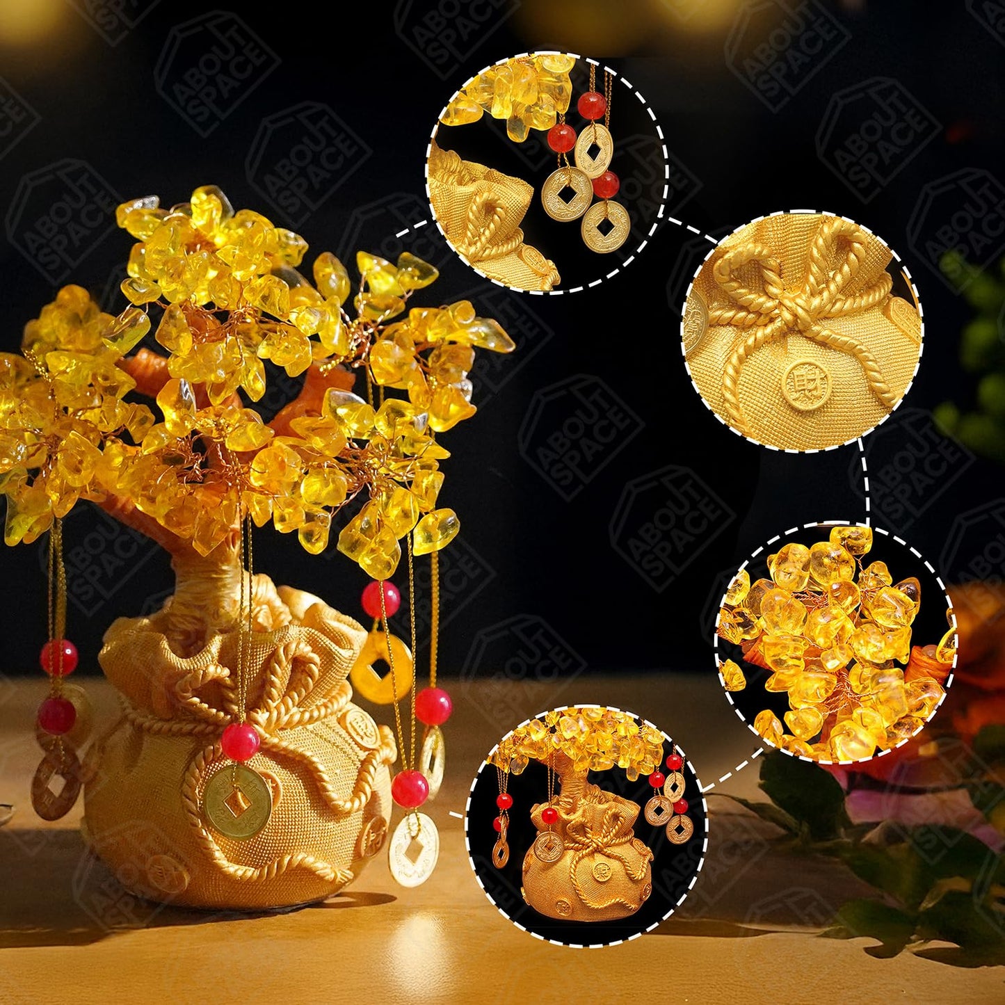 AURA SPARK Lucky Feng Shui Citrine Tree of Life Bonsai with 6 Hanging Coins – Crystal Table Décor for Wealth, Health & Happiness (7 x 3)