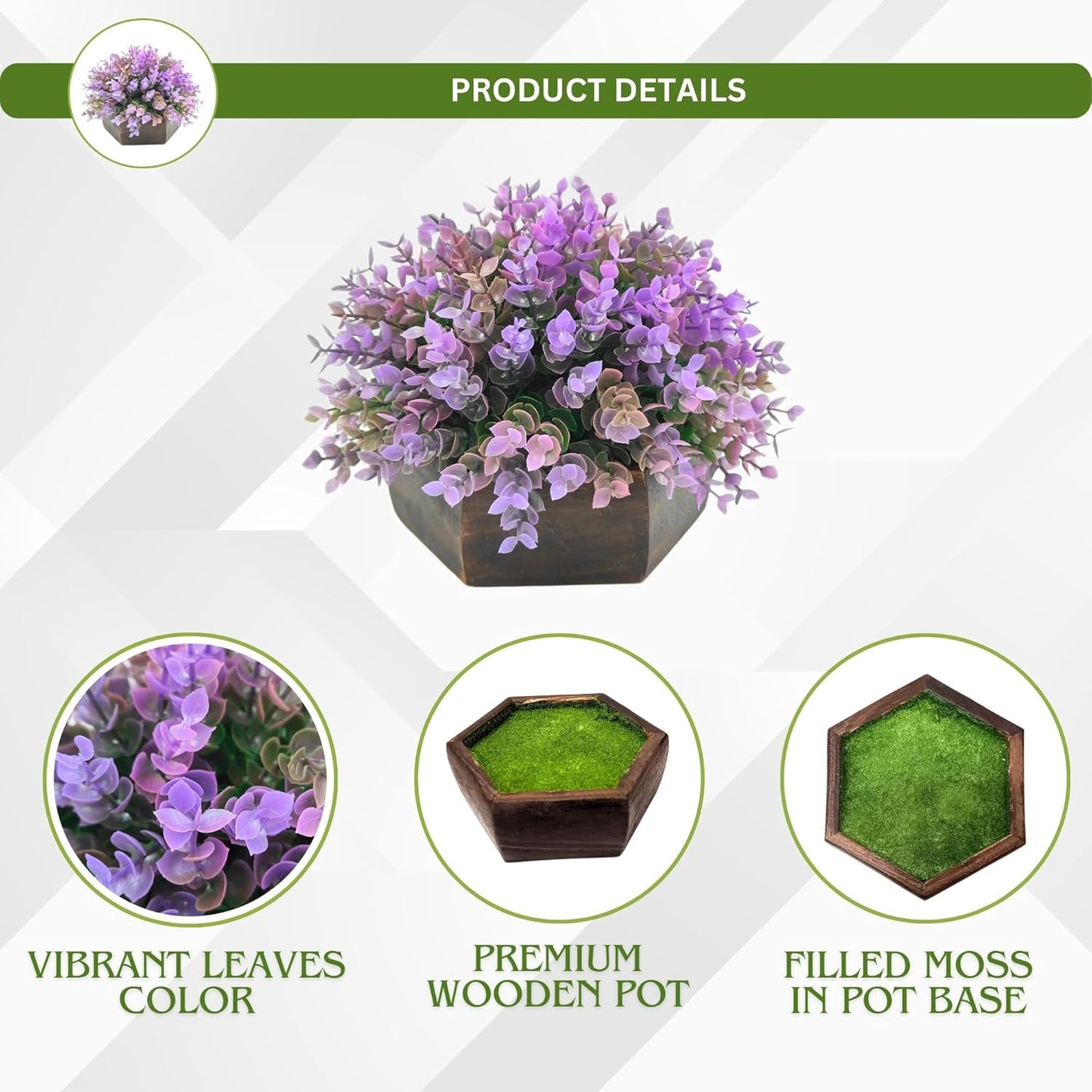 FloriaCraft Artificial Hackleberry Purple Plant in Wooden Hexagon Pot, 15cm Tabletop Home & Office Decor