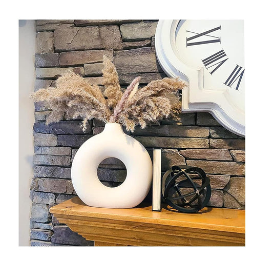 SOLVINA White Ceramic Donut Vase, 6 Inch Modern Flower Vase for Pampas Grass, Dried Flowers, Home & Office Decor