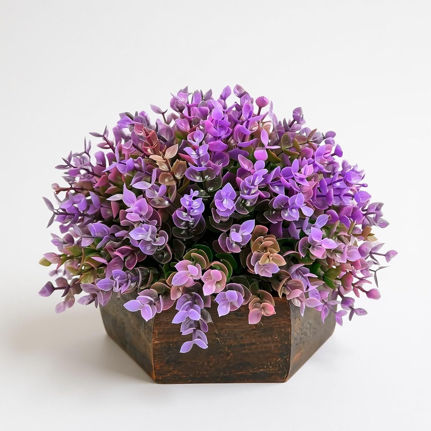FloriaCraft Artificial Hackleberry Purple Plant in Wooden Hexagon Pot, 15cm Tabletop Home & Office Decor