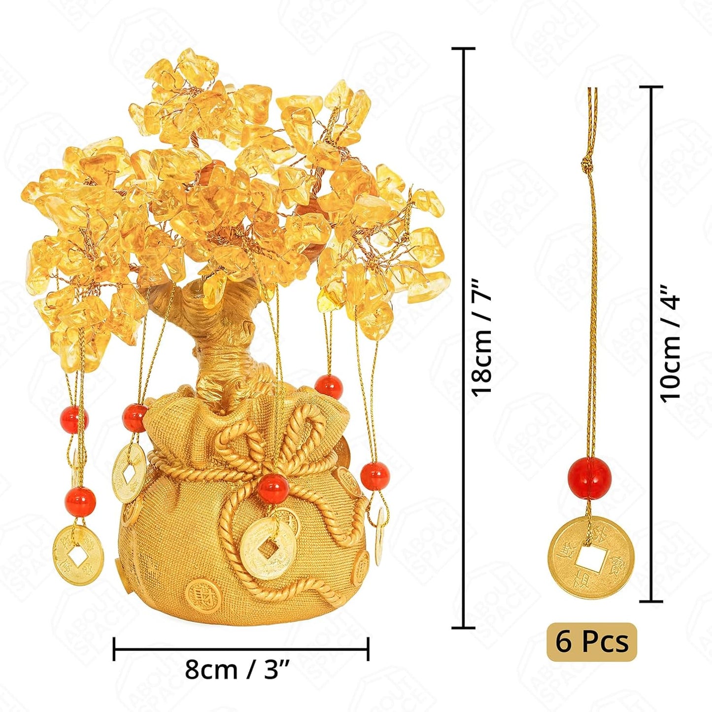 AURA SPARK Lucky Feng Shui Citrine Tree of Life Bonsai with 6 Hanging Coins – Crystal Table Décor for Wealth, Health & Happiness (7 x 3)