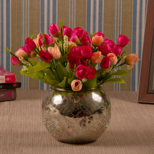 TRENZA CREATIONS Multicolor Artificial Flowers with Mercury Glass Vase for Home, Table, Bedroom & Office Décor