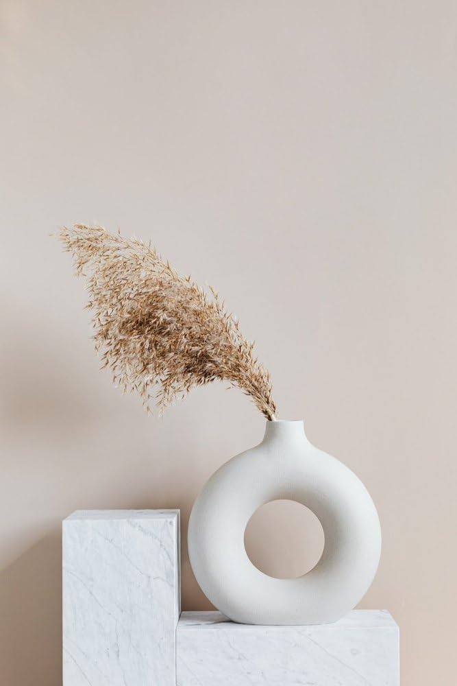 SOLVINA White Ceramic Donut Vase, 6 Inch Modern Flower Vase for Pampas Grass, Dried Flowers, Home & Office Decor