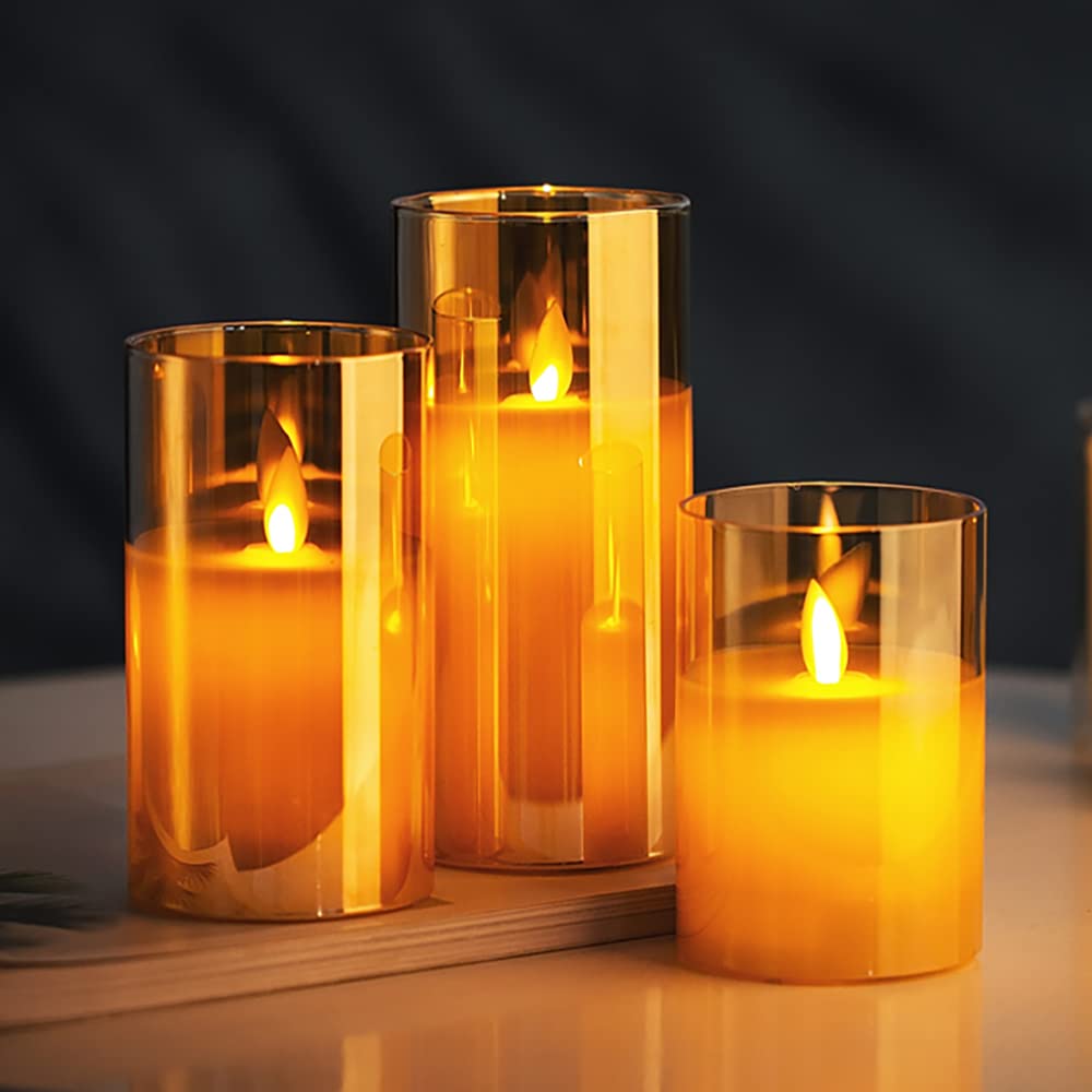 Lumora Real Wax LED Glass Flameless Candles with Remote, Amber Gold Pillar Design, Set of 3 for Home Decor