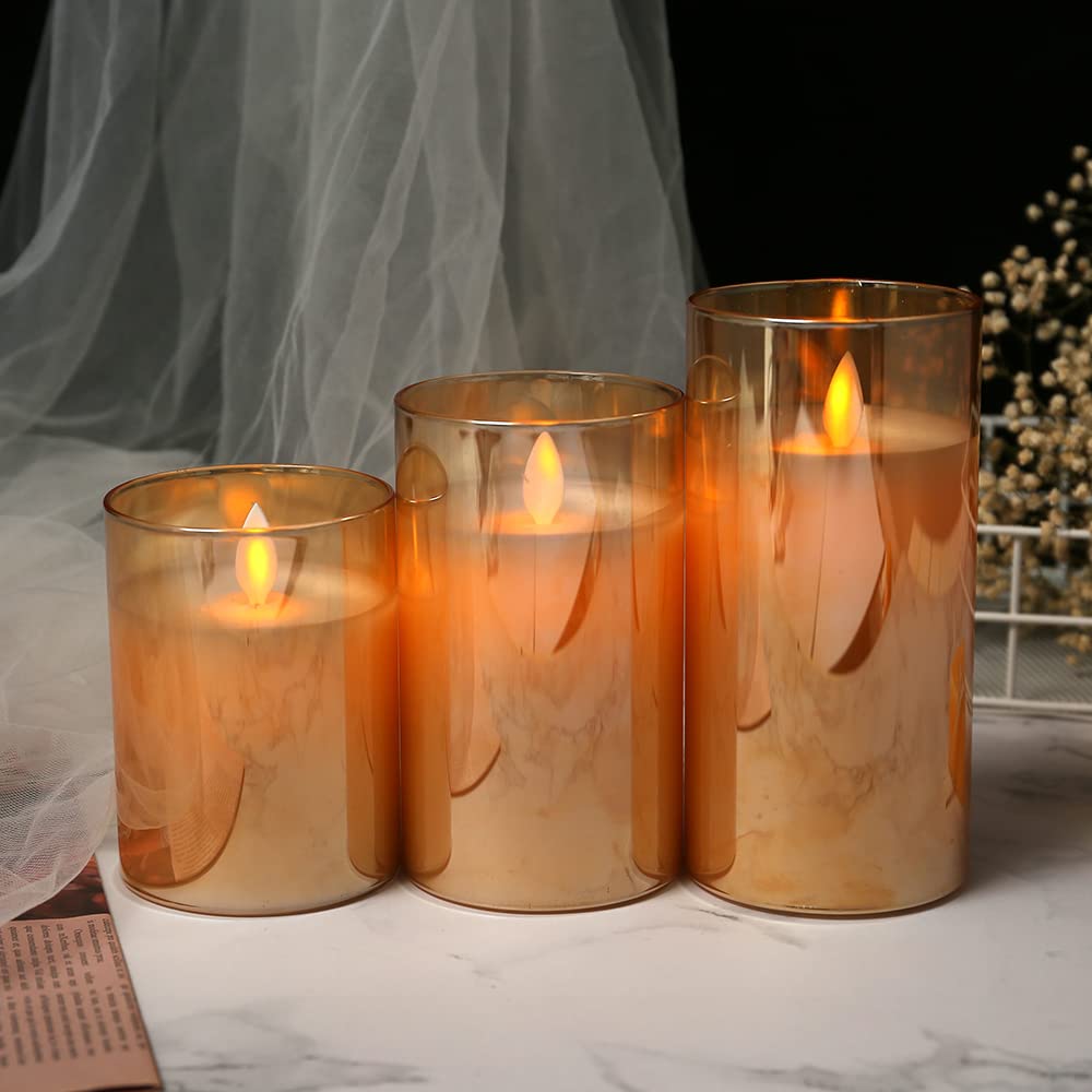 Lumora Real Wax LED Glass Flameless Candles with Remote, Amber Gold Pillar Design, Set of 3 for Home Decor
