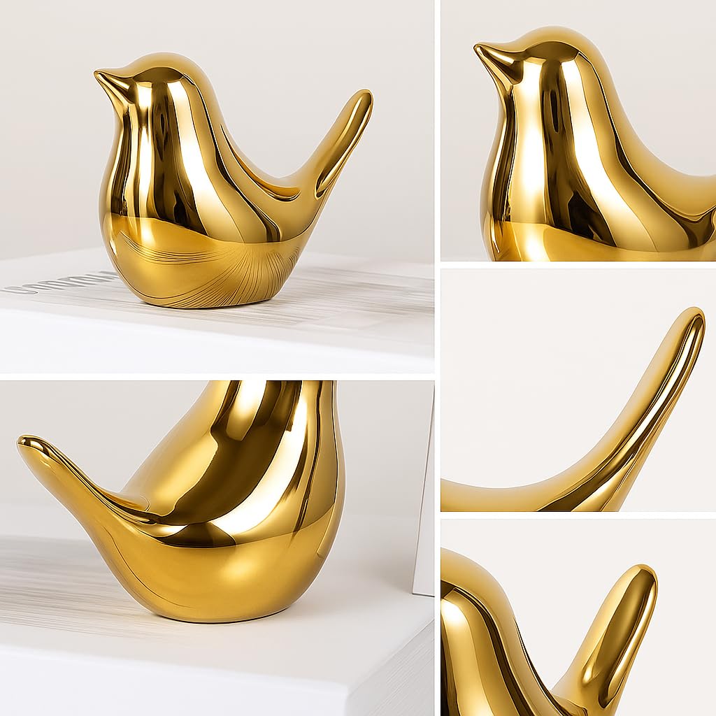 Xyvera Ceramic Golden Blessing Birds Figurines for Home Decor | Living Room, Bedroom, Office Desk - Pack of 2
