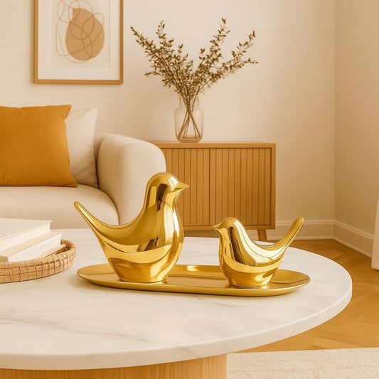 Xyvera Ceramic Golden Blessing Birds Figurines for Home Decor | Living Room, Bedroom, Office Desk - Pack of 2