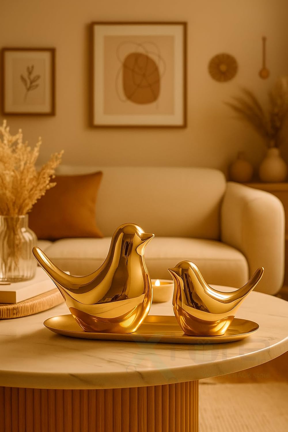 Xyvera Ceramic Golden Blessing Birds Figurines for Home Decor | Living Room, Bedroom, Office Desk - Pack of 2