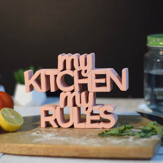 NUKKAD TALES My Kitchen My Rules Peach Quirky Showpiece Home Decor Items For Kitchen Birthday Gift Items For Chef For Foodies Gift For Mom (7 X 5 Inch) Engineered Wood, Fantasy