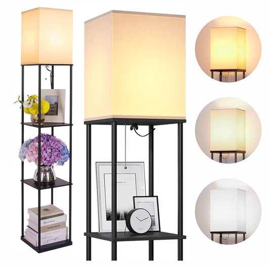 SYNVIA 4-Tier Metal Floor Lamp with Wooden Shelves, Adjustable Color Modes, Standing Night Lamp for Living Room, Bedroom & Home Décor (Black)