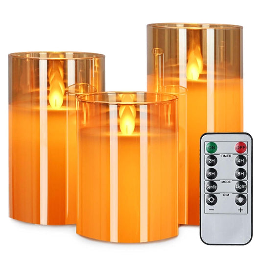 Lumora Real Wax LED Glass Flameless Candles with Remote, Amber Gold Pillar Design, Set of 3 for Home Decor