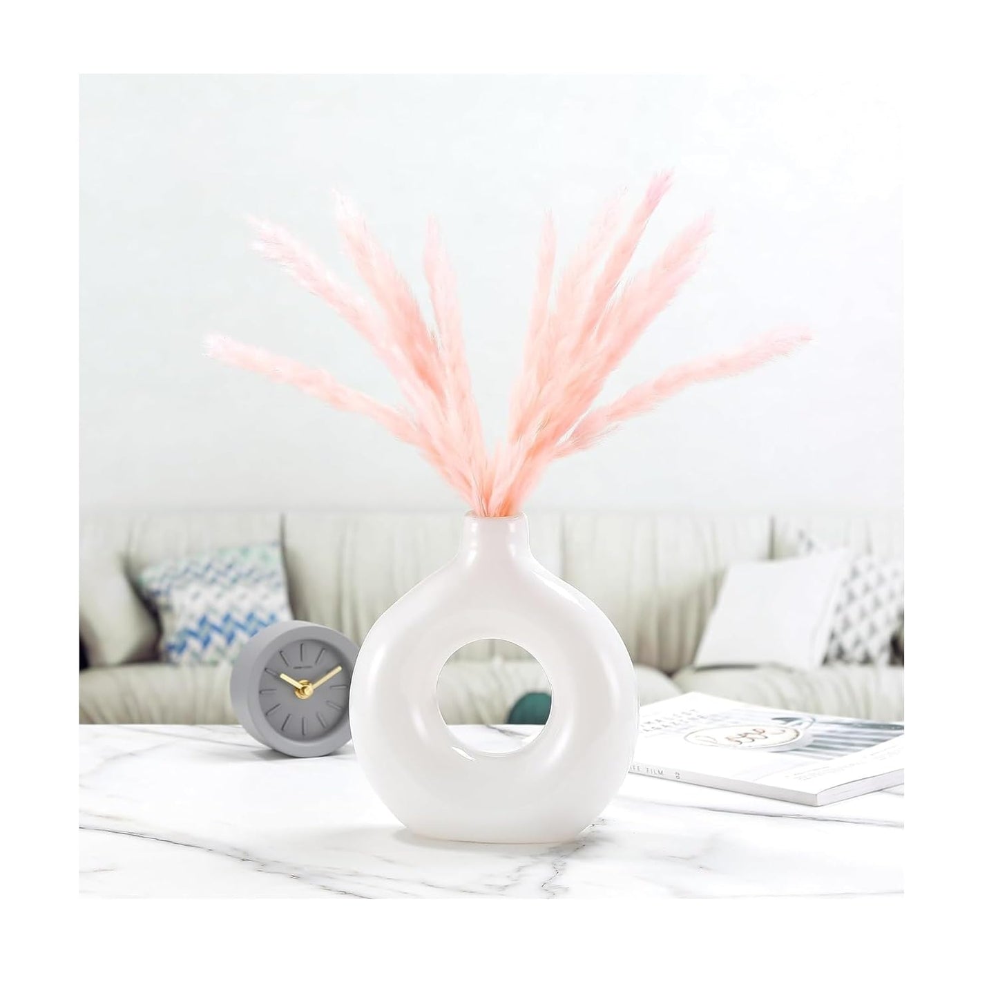 SOLVINA White Ceramic Donut Vase, 6 Inch Modern Flower Vase for Pampas Grass, Dried Flowers, Home & Office Decor