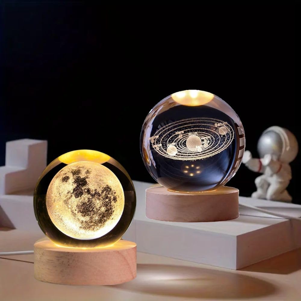 Delsiora Crystal Ball Universe & Moon LED Night Light Combo with Wooden Base for Home Décor & Gifts