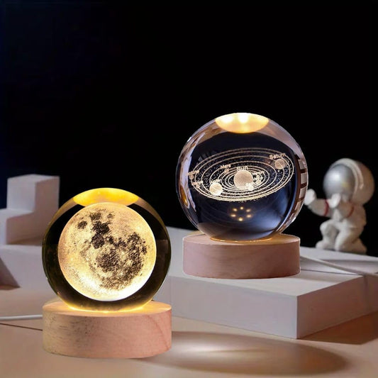 Delsiora Crystal Ball Universe & Moon LED Night Light Combo with Wooden Base for Home Décor & Gifts
