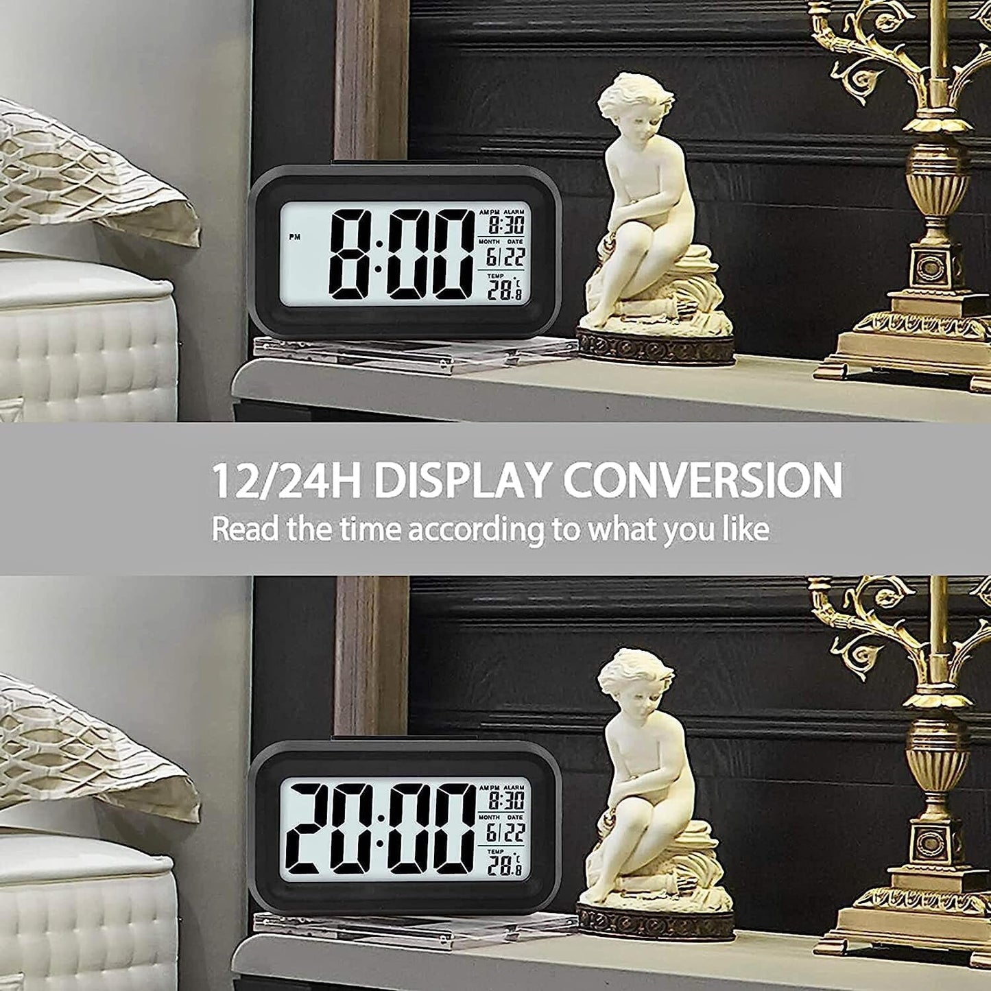 AUREVO Digital Alarm Clock with Auto Sensor, Date & Temperature Display, Compact Desk Clock for Home & Office