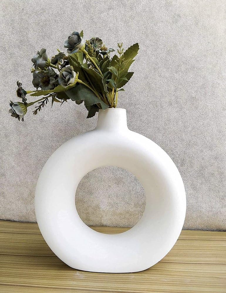 SOLVINA White Ceramic Donut Vase, 6 Inch Modern Flower Vase for Pampas Grass, Dried Flowers, Home & Office Decor