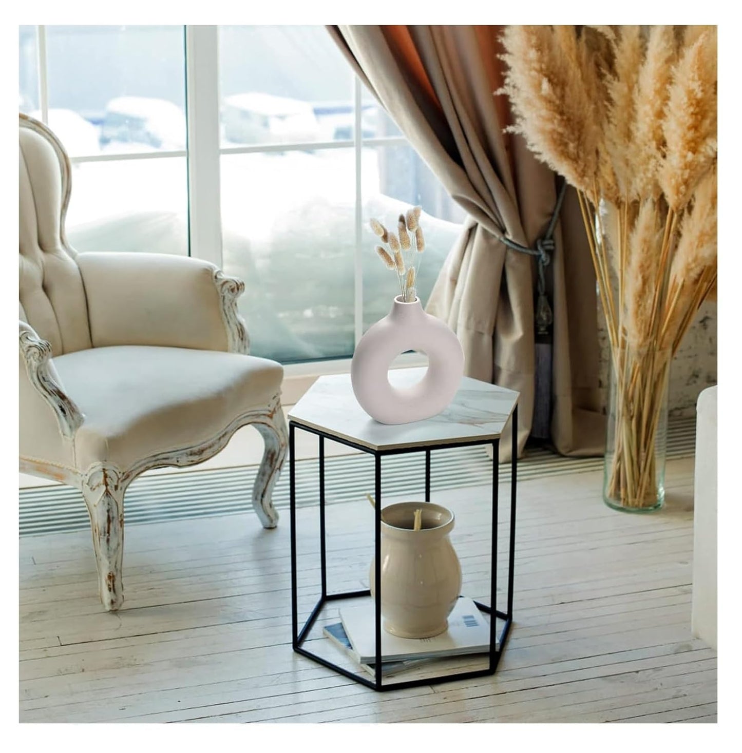 SOLVINA White Ceramic Donut Vase, 6 Inch Modern Flower Vase for Pampas Grass, Dried Flowers, Home & Office Decor