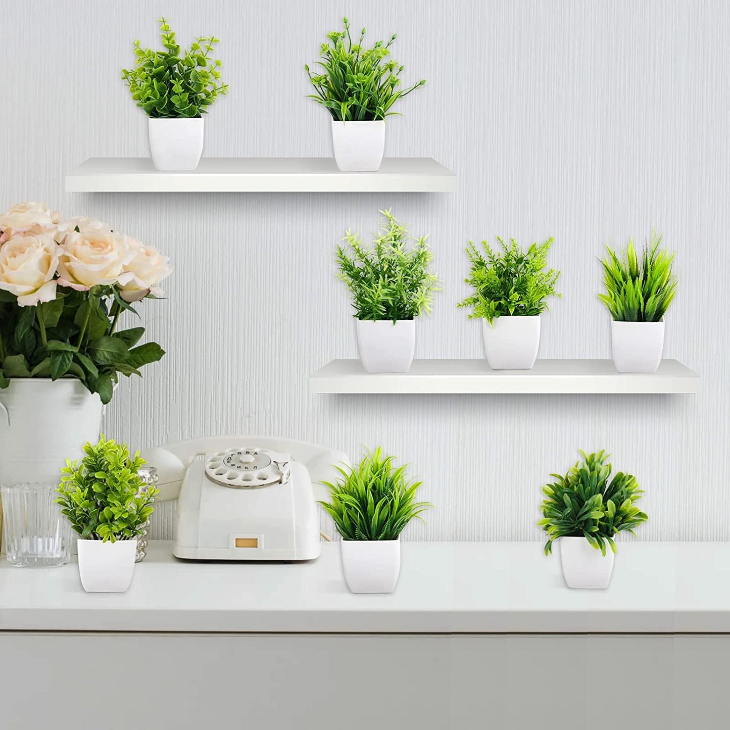 Denvora Artificial Potted Plants Set of 8, Small Faux Eucalyptus Houseplants for Home, Office & Farmhouse Decor