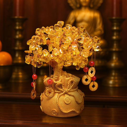 AURA SPARK Lucky Feng Shui Citrine Tree of Life Bonsai with 6 Hanging Coins – Crystal Table Décor for Wealth, Health & Happiness (7 x 3)