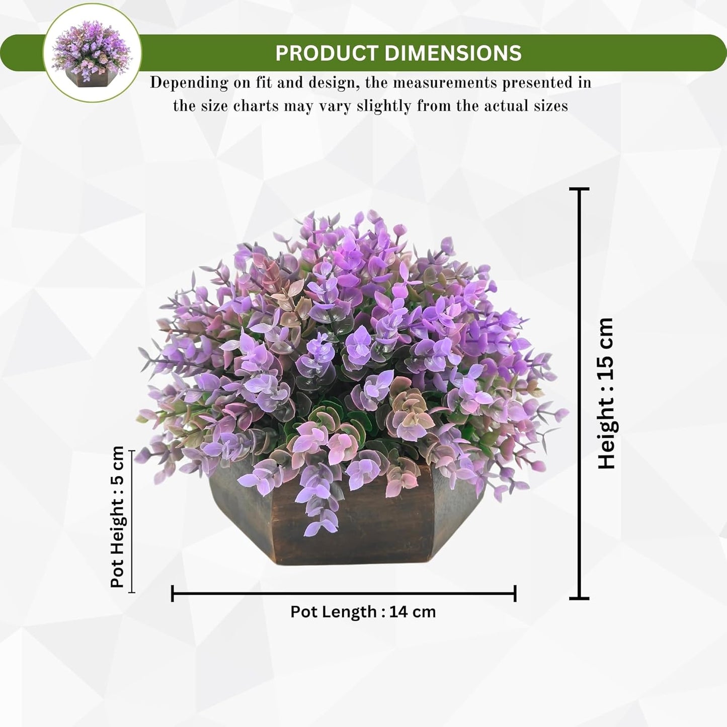 FloriaCraft Artificial Hackleberry Purple Plant in Wooden Hexagon Pot, 15cm Tabletop Home & Office Decor