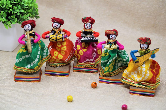 Jorvia Recycled Rajasthani Home Decor Musician Bawla Puppets Showpiece Set, 11x28 Cm, Multicolor, 5 Pc