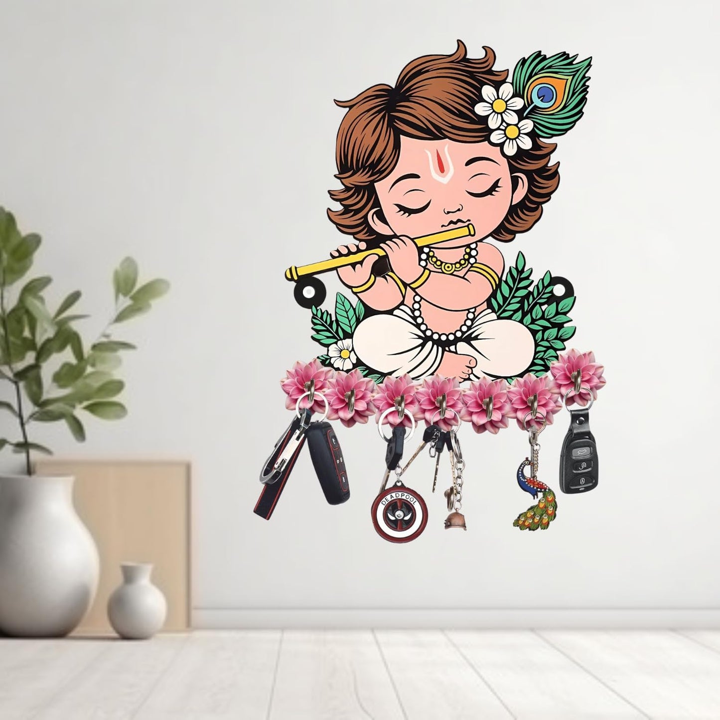 Wenora Premium Wooden Key Holder for Home & Office Wall Décor, Decorative Key Hanger (Cute Krishna)