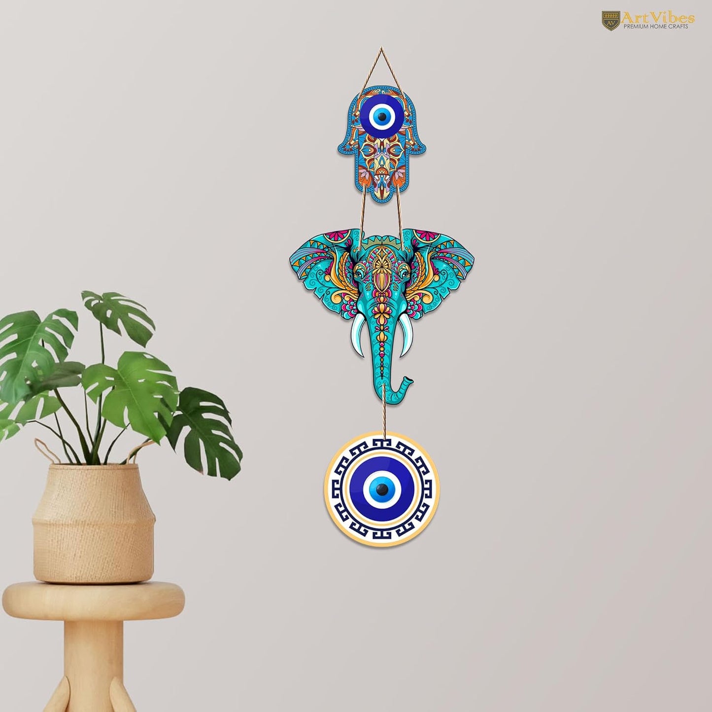 Arthome Designer Elephant Wooden Wall Hanging & Hamsa Hand Decor for Living Room, Peace Charm Accent
