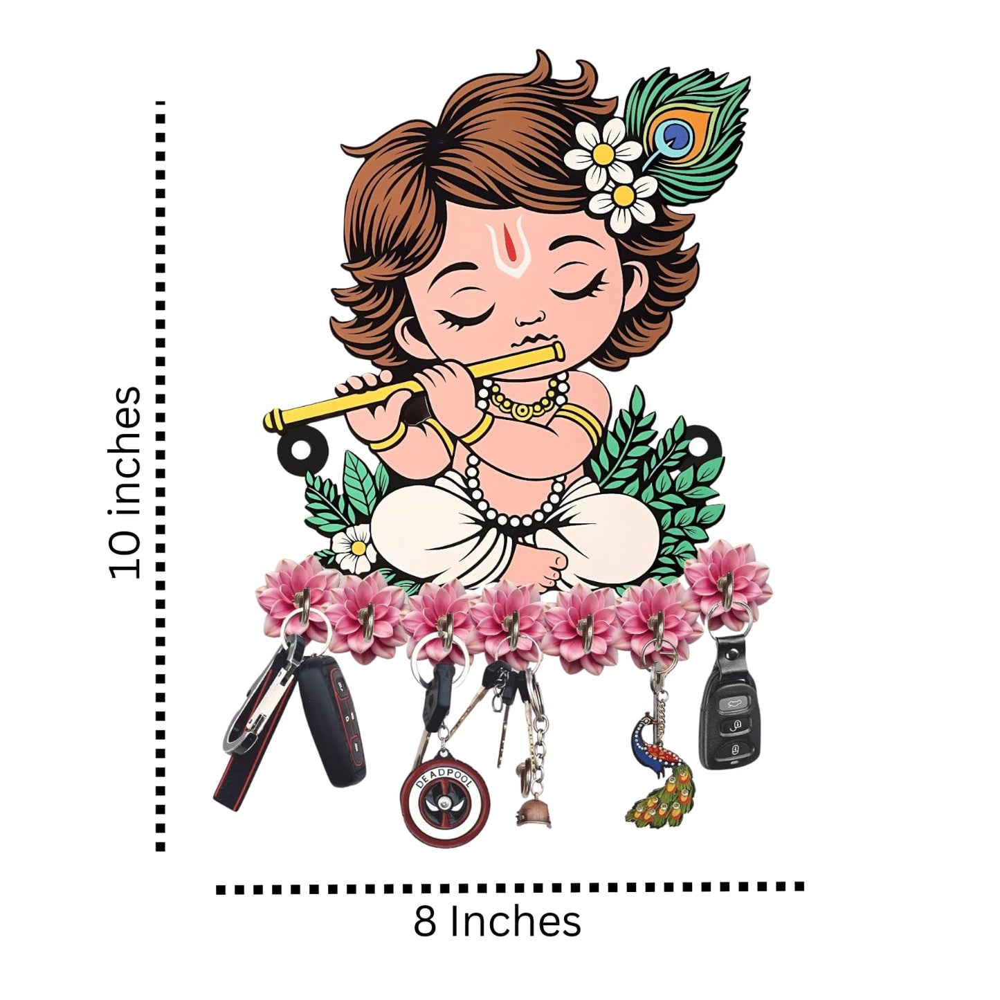 Wenora Premium Wooden Key Holder for Home & Office Wall Décor, Decorative Key Hanger (Cute Krishna)