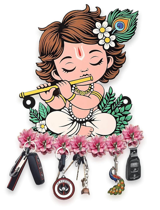Wenora Premium Wooden Key Holder for Home & Office Wall Décor, Decorative Key Hanger (Cute Krishna)