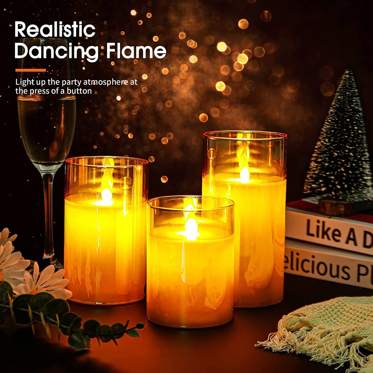 Lumora Real Wax LED Glass Flameless Candles with Remote, Amber Gold Pillar Design, Set of 3 for Home Decor