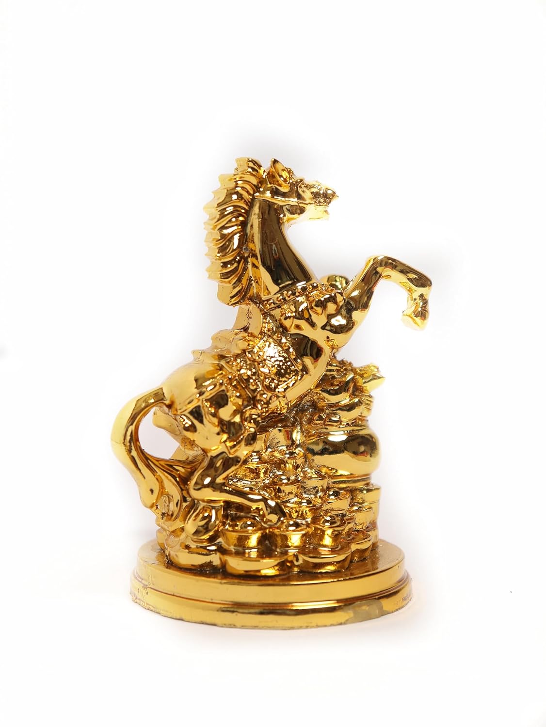 The Shining Aura Feng Shui Golden Horse with Raised Legs and Wealth Pot Statue for Home Decor, 4 Inch