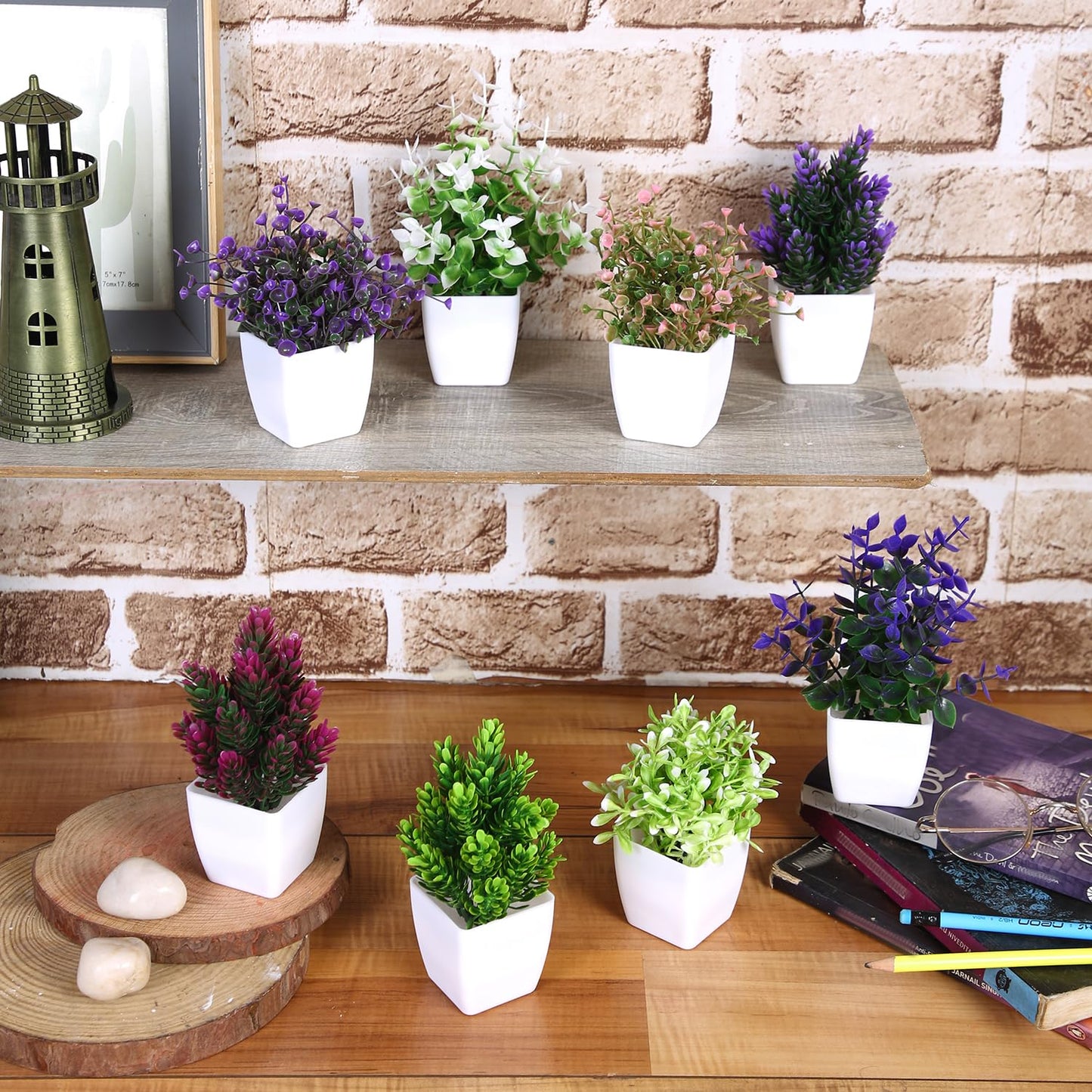 Amazora Artificial Plants with Pot | Realistic Look | Durable Plastic | No Maintenance | Home Decor Pack of 8