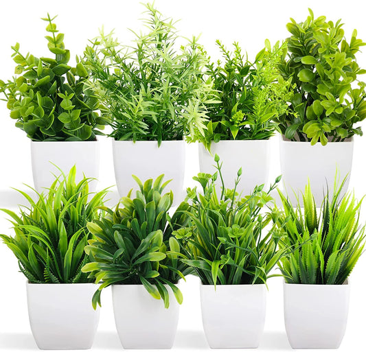 Denvora Artificial Potted Plants Set of 8, Small Faux Eucalyptus Houseplants for Home, Office & Farmhouse Decor