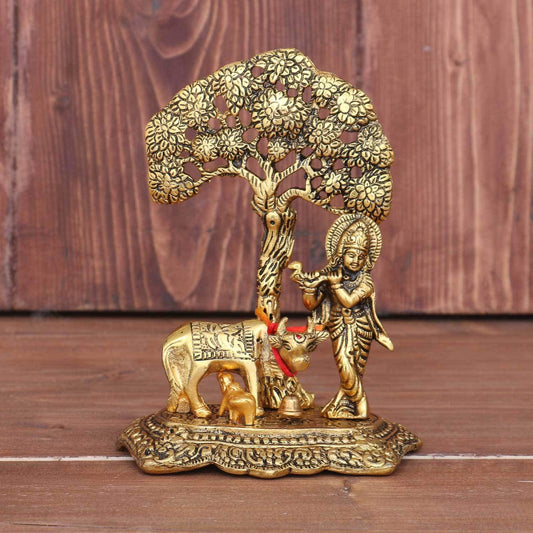 Kriyanta Prince Home Decor Metal Krishna with Cow Under Tree Playing Flute Figurine (Gold, 12.5x8x16cm)