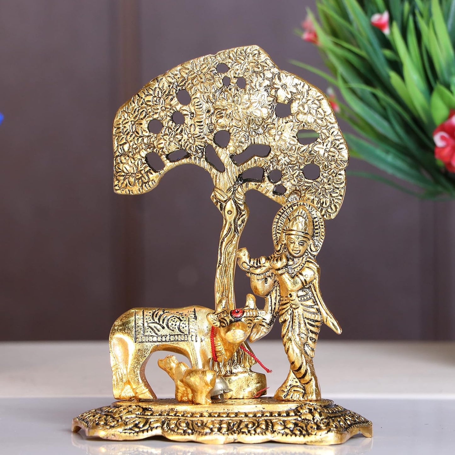 Kriyanta Prince Home Decor Metal Krishna with Cow Under Tree Playing Flute Figurine (Gold, 12.5x8x16cm)